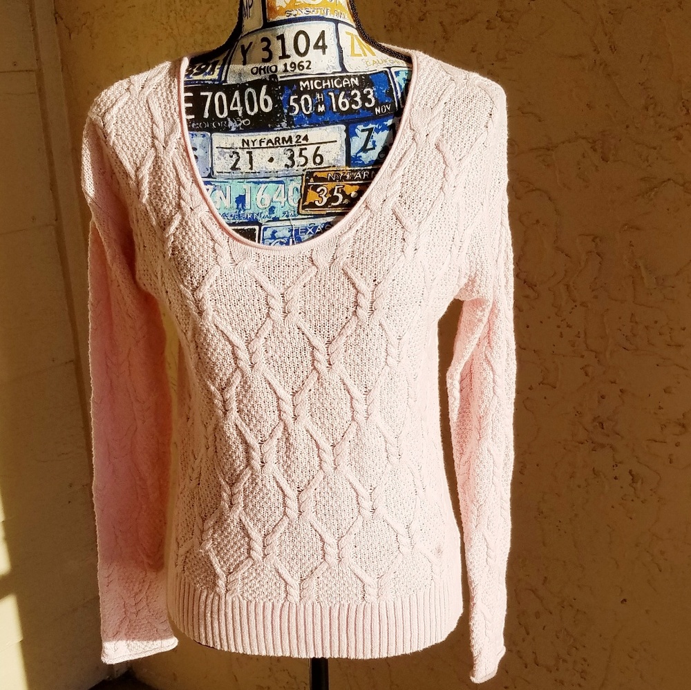 gap cable soft vee sweater pink heather S nwt